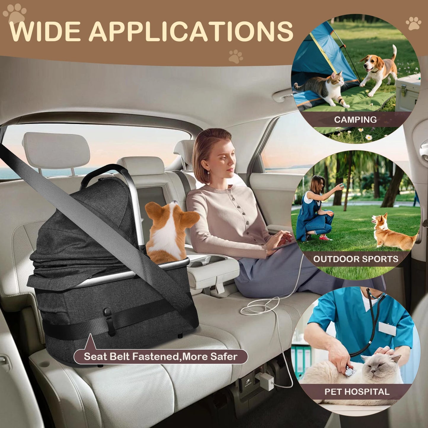 Portable Lightweight Pet Stroller For Medium Dogs With Detachable Carrier