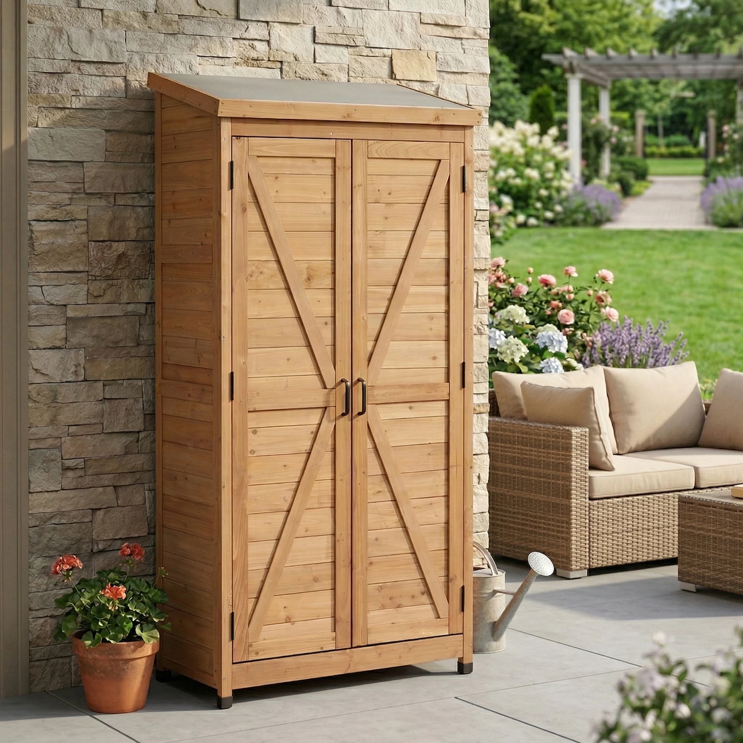 Weatherproof Fir Wood Storage Shed With Metal Roof For Gardening