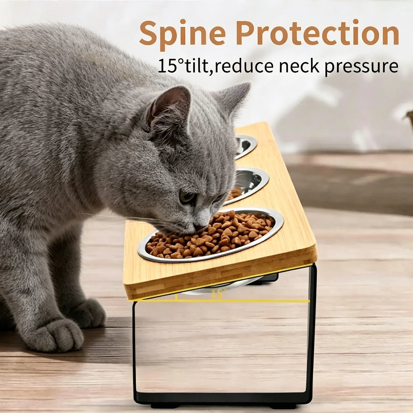 Elevated Cat Feeder With Bamboo Stand And Stainless Steel Bowls