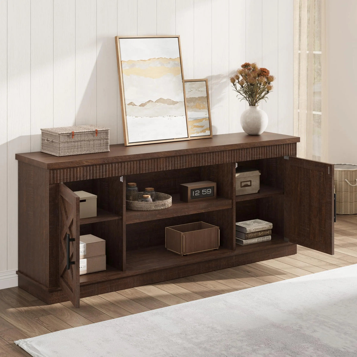 Rustic Fluted Entertainment Center TV Stand - Fits Up to 80 Inch TVs - 2 Doors & Open Storage Shelf - Farmhouse Console Table for Living Room or Bedroom - Wooden Storage Furniture - White & Black
