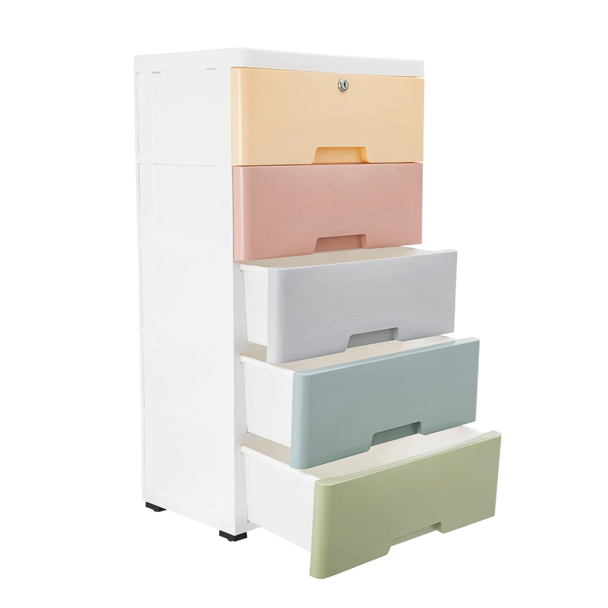 Plastic Drawers Dresser 5 Layer Storage Cabinet Macaron Color Lock Organizer Fully Pull Out Handle Large Capacity Bedroom Living Room Kids Room 43.5x29x80cm