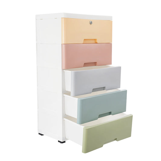 Plastic Drawers Dresser 5 Layer Storage Cabinet Macaron Color Lock Organizer Fully Pull Out Handle Large Capacity Bedroom Living Room Kids Room 43.5x29x80cm