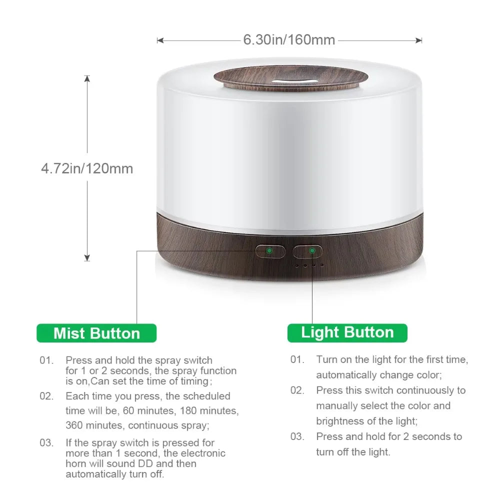 Ultrasonic Essential Oil Diffuser 550ml with 7 colors LED night lights Cool Mist for Aromatherapy Humidifying for home bedroom