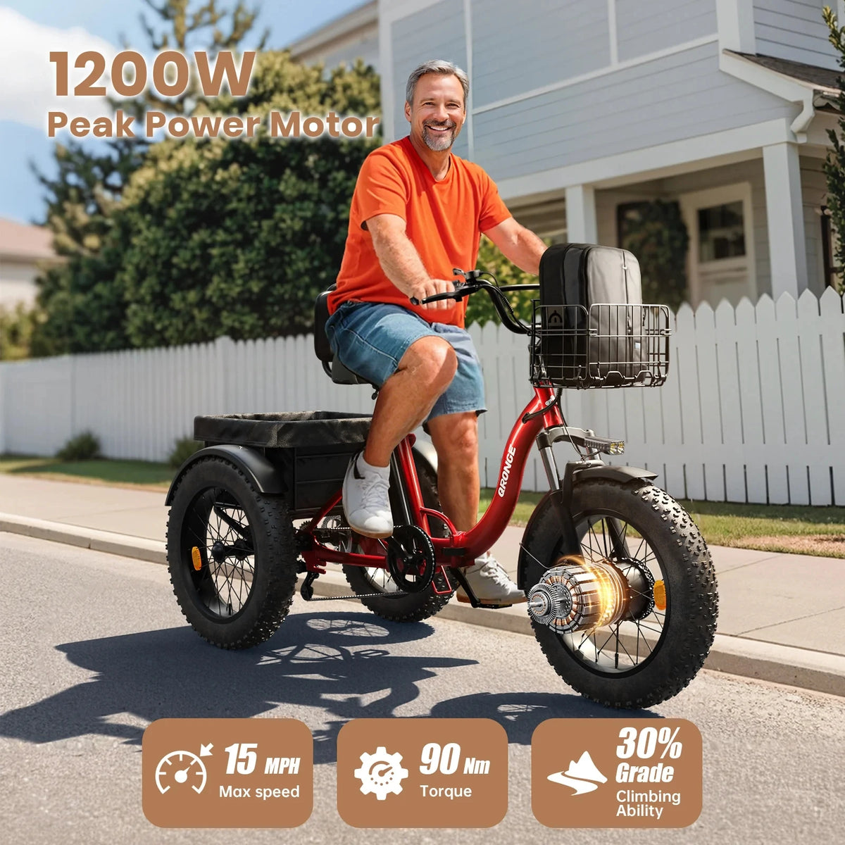 Qronge 1200W Electric Trike For Adults With Large Fat Tires