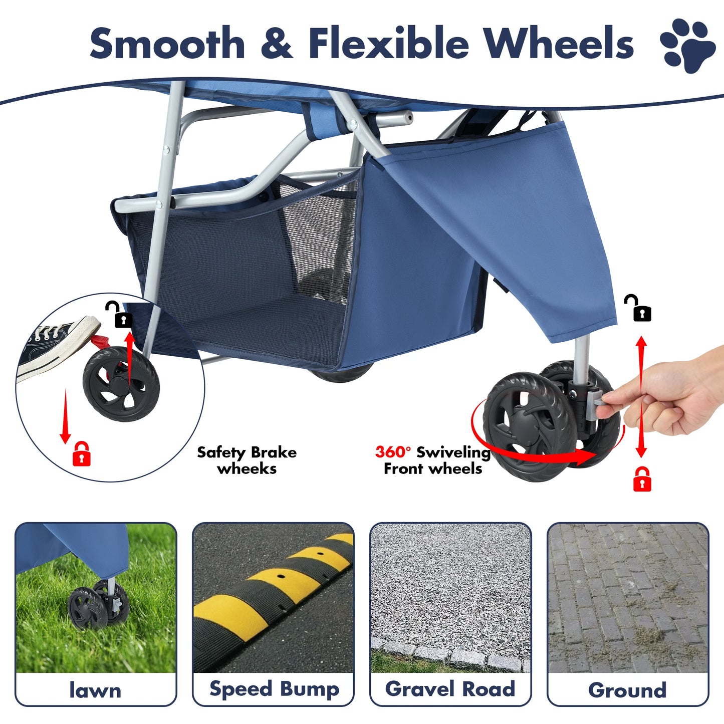 JHK Foldable 3-Wheel Pet Stroller For Small Dogs And Cats