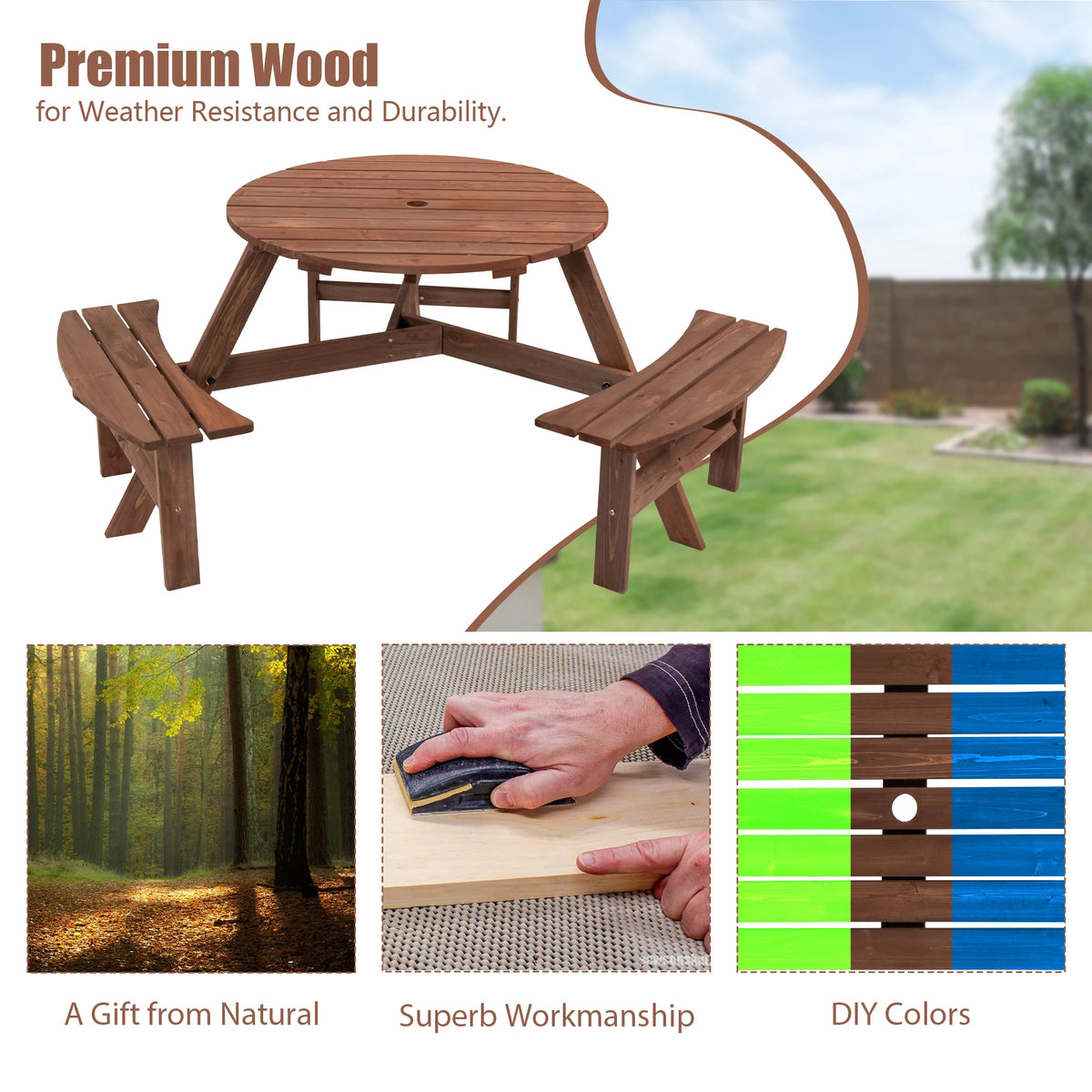 Solid Acacia Wood Round Outdoor Picnic Table With Curved Benches