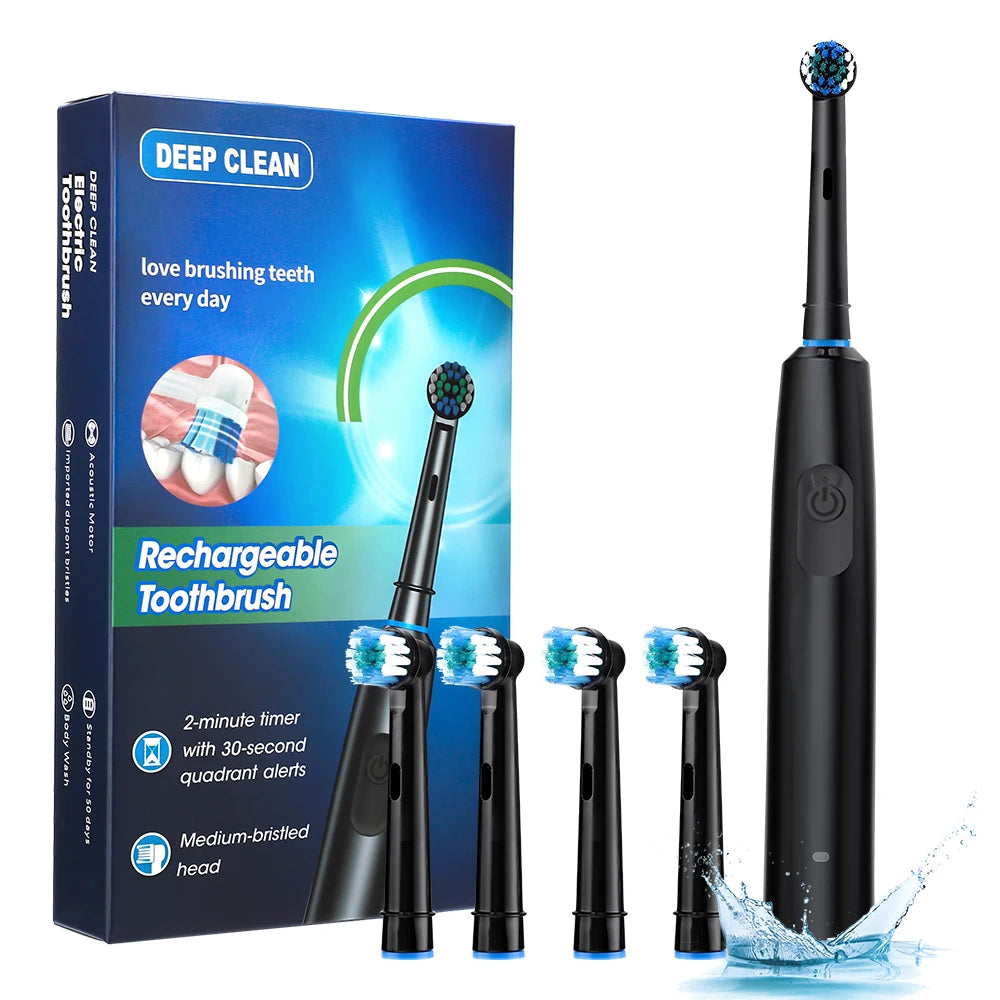 Rotary Electric Toothbrush Rechargeable for Adults, 5 Modes, 4 Heads