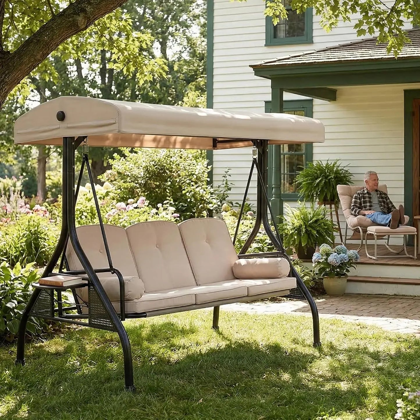 Porch Swing With Stand And Adjustable Canopy For Outdoor Patio