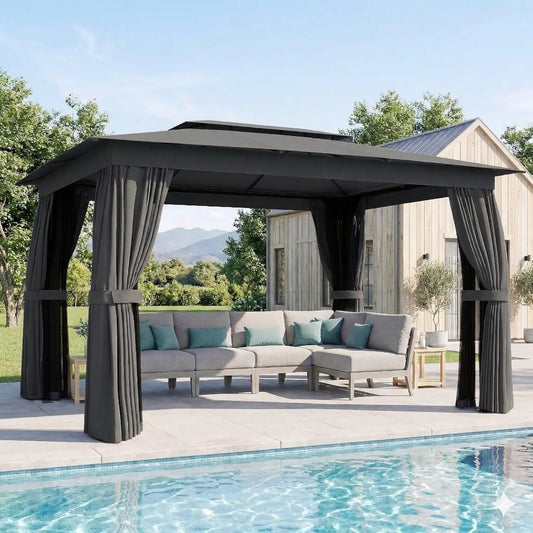 Outdoor Gazebo With Double Roof Curtains Netting Alloy Steel Frame