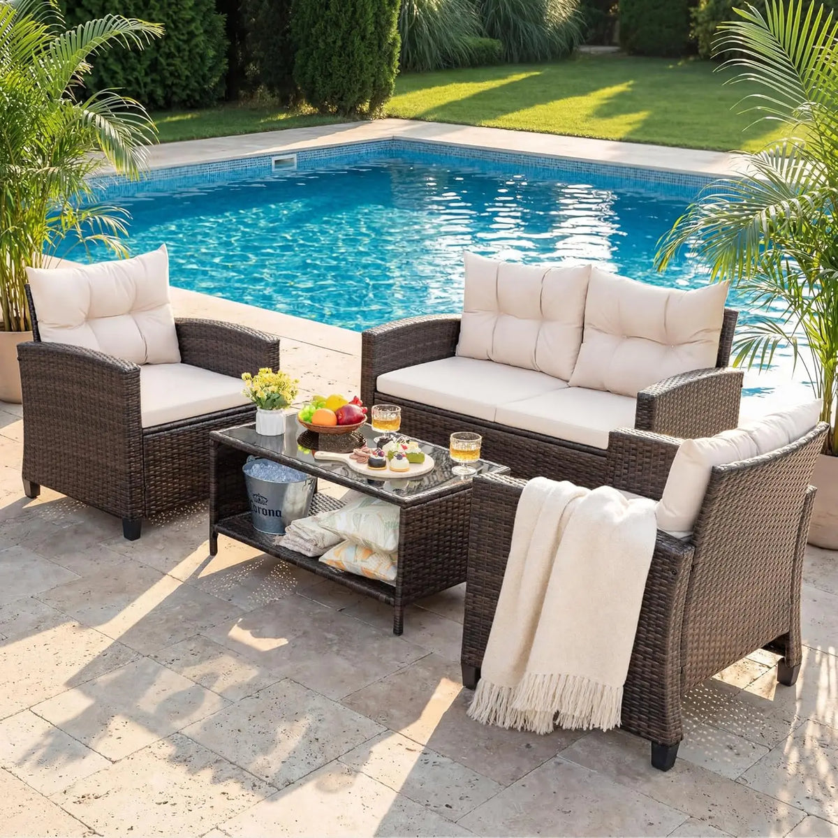 Outdoor PE Rattan Patio Conversation Set With Cushions And Table