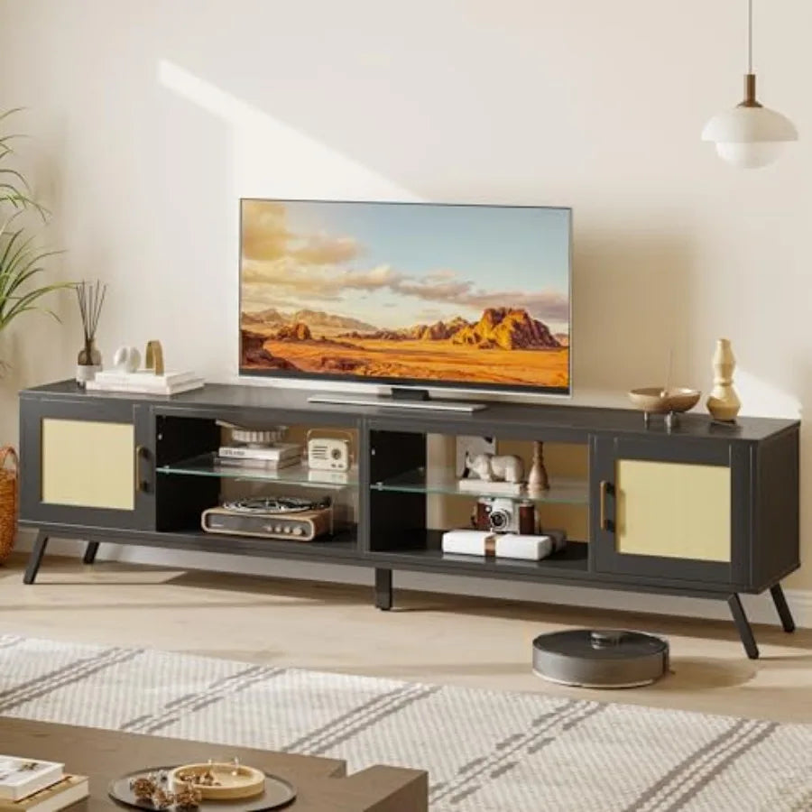 80 Inch Black Rattan TV Stand with Storage for 85 Inch TV, 4-in-1 Mid Century Modern Entertainment Center with LED Lights, Door