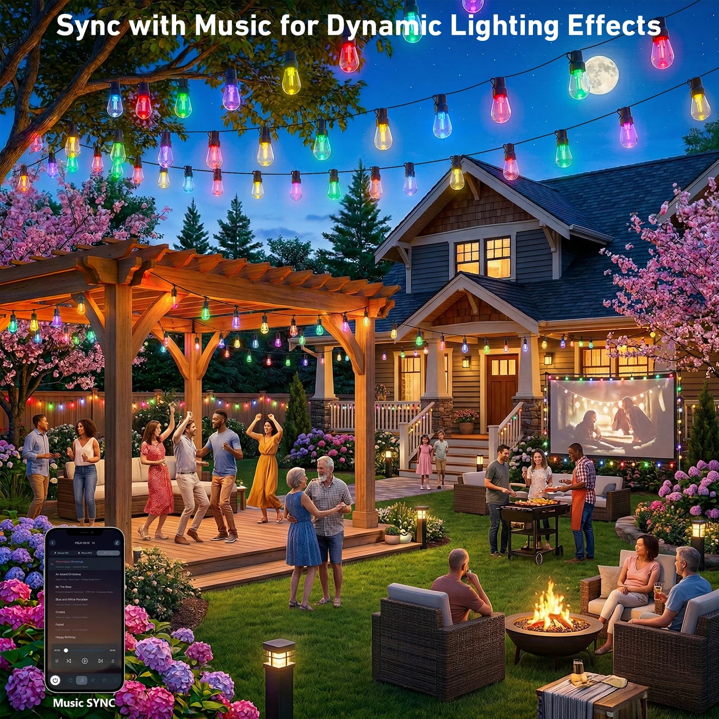 Waterproof Outdoor String Lights With Smart App Control Dimmable Led