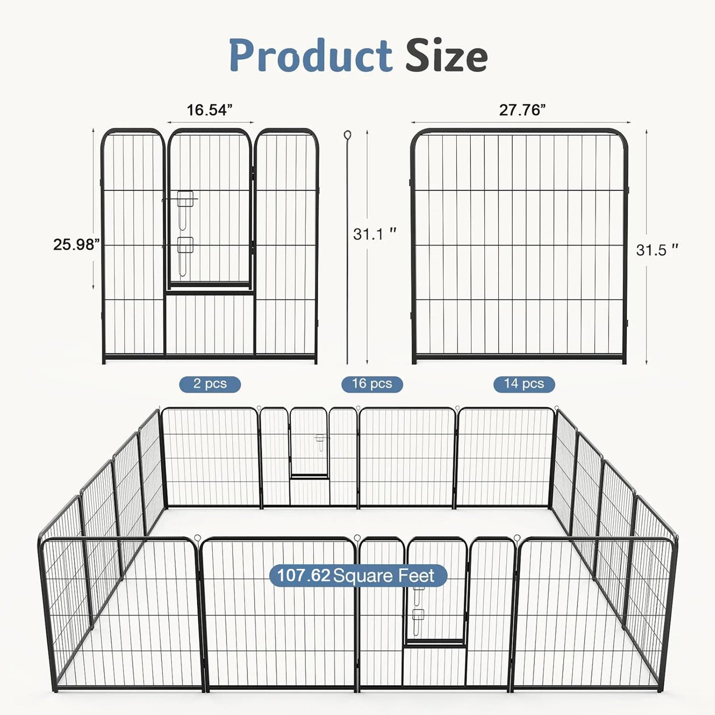JHK 16 Panel Foldable Metal Dog Playpen Fence For Indoor And Outdoor