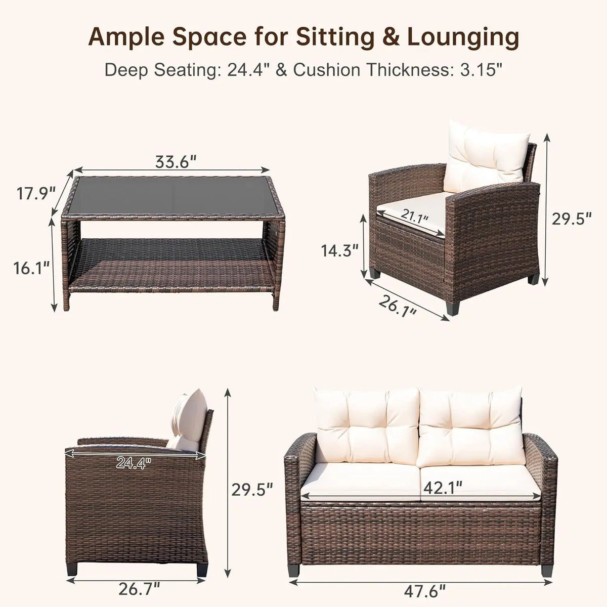 Outdoor PE Rattan Patio Conversation Set With Cushions And Table