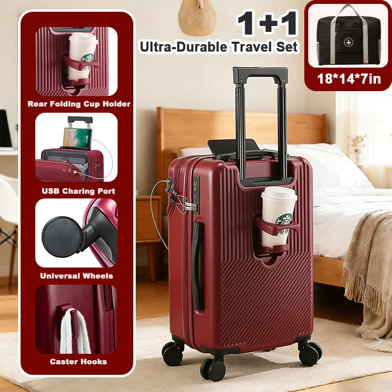 Durable Carry-On Luggage Set With Cup Holder And Charger