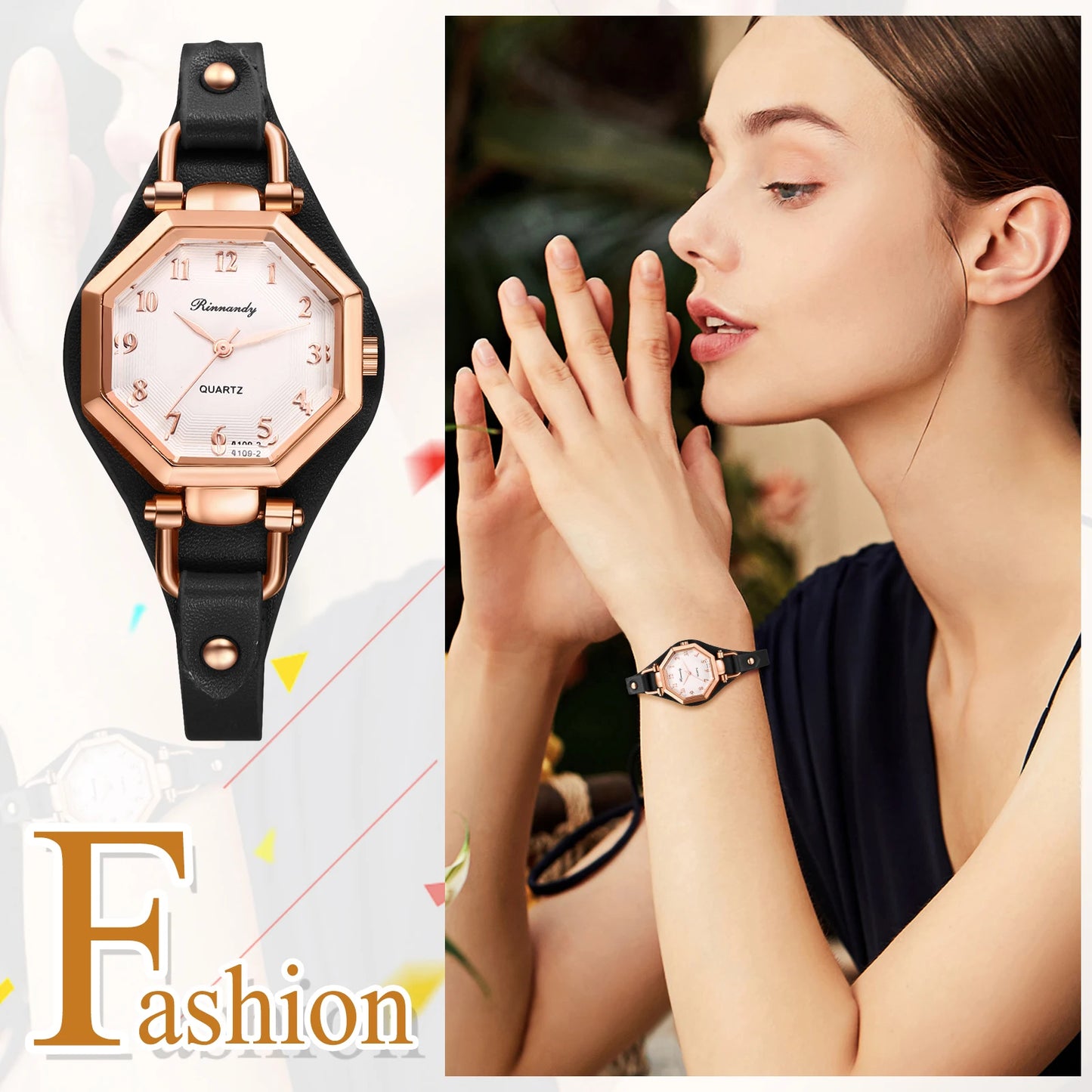 JewelryWe Ctagonal Leather Bracelet For Women Waterproof Analog Quartz Watch