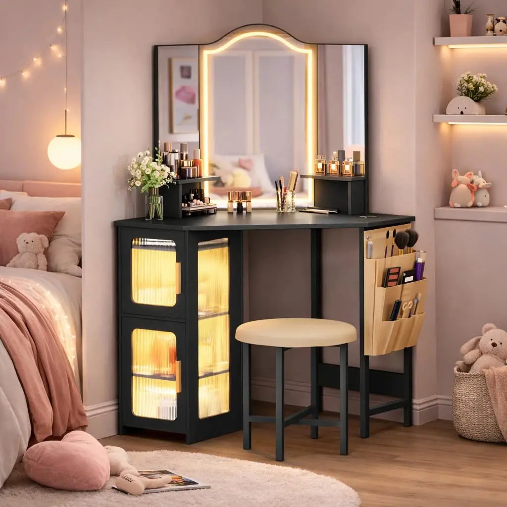 Modern Corner Vanity Desk With Illuminated Mirror And Charging Hub