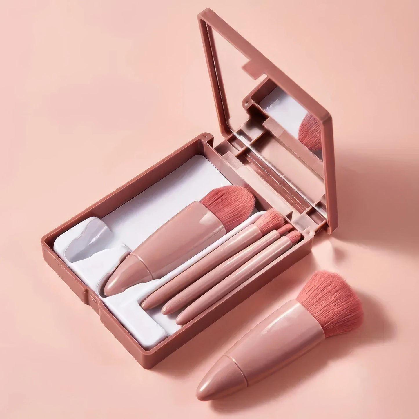Portable 5-Piece Makeup Brush Set With Mirror And Soft Bristles