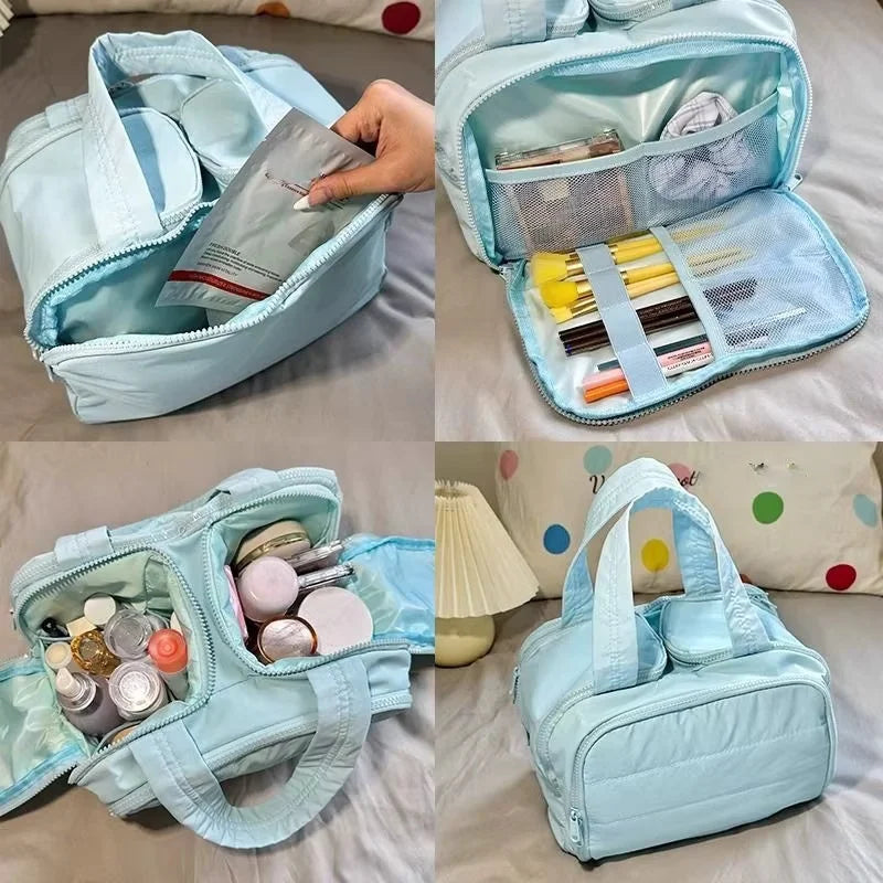Multi Compartment Polyester Cosmetic Bag For Travel And Home Use