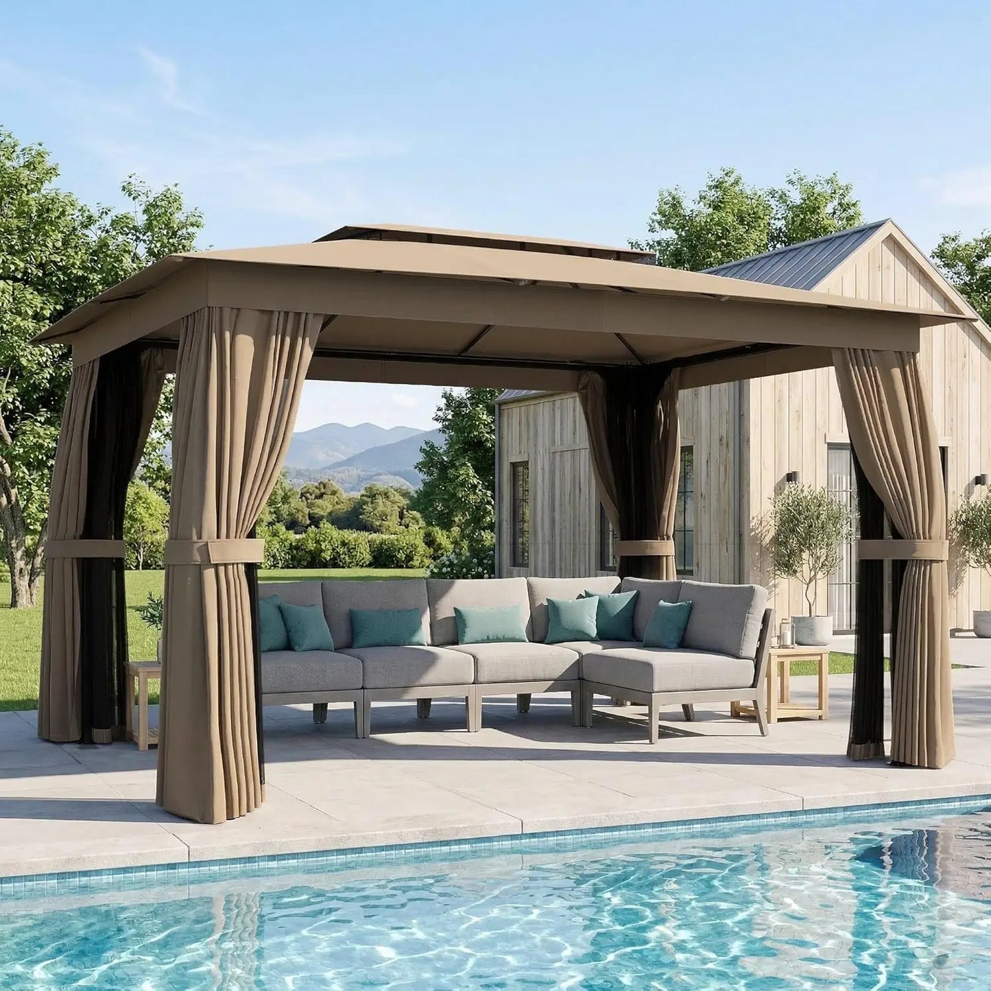 Outdoor Gazebo With Double Roof Curtains Netting Alloy Steel Frame