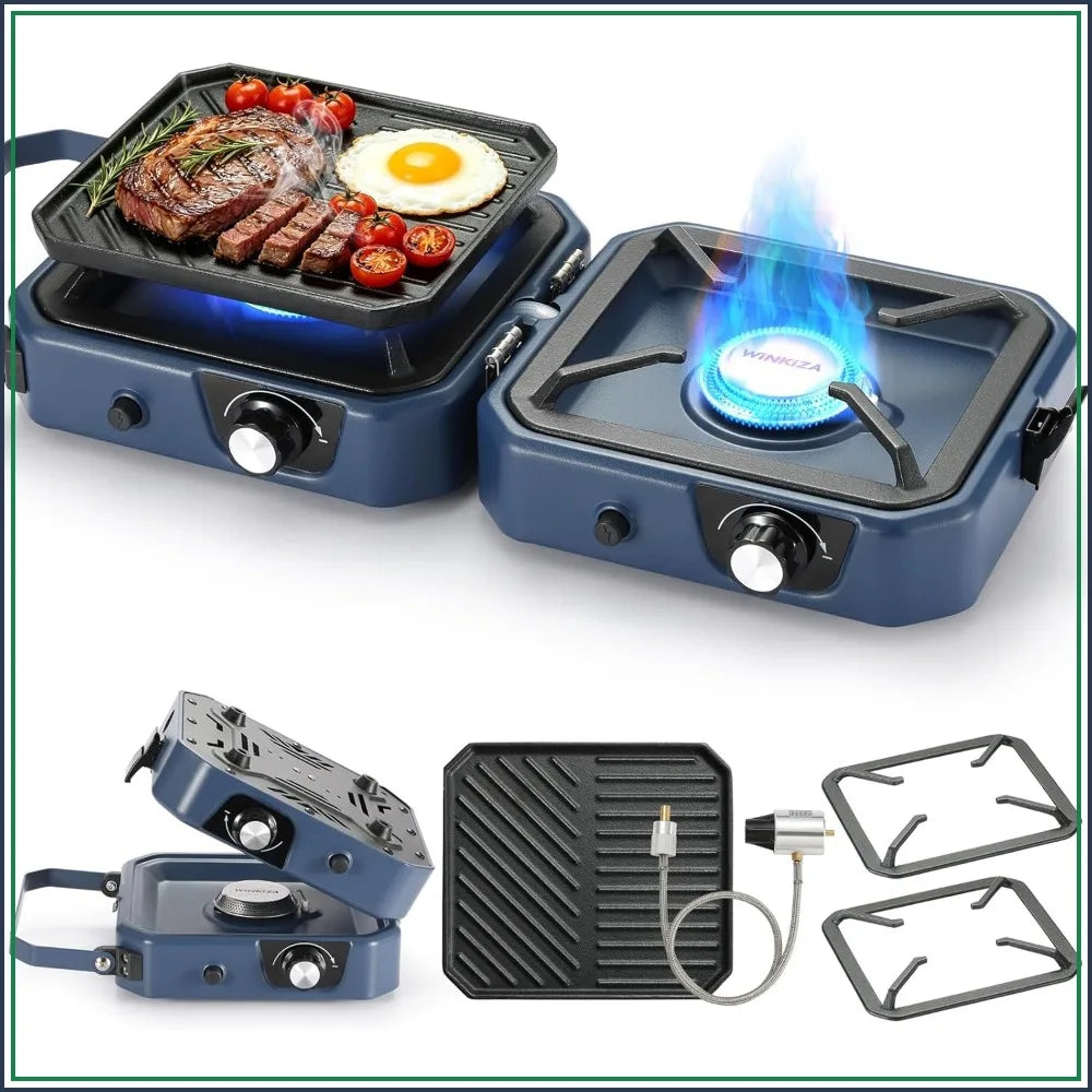 304 Stainless 2 Burner Propane Camping Stove with Griddle, Portable Folding Camp Stove 24000BTU, Compatible with Grill Pan, Kettles & Cookware