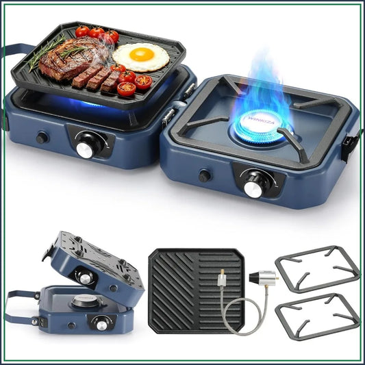 304 Stainless 2 Burner Propane Camping Stove with Griddle, Portable Folding Camp Stove 24000BTU, Compatible with Grill Pan, Kettles & Cookware