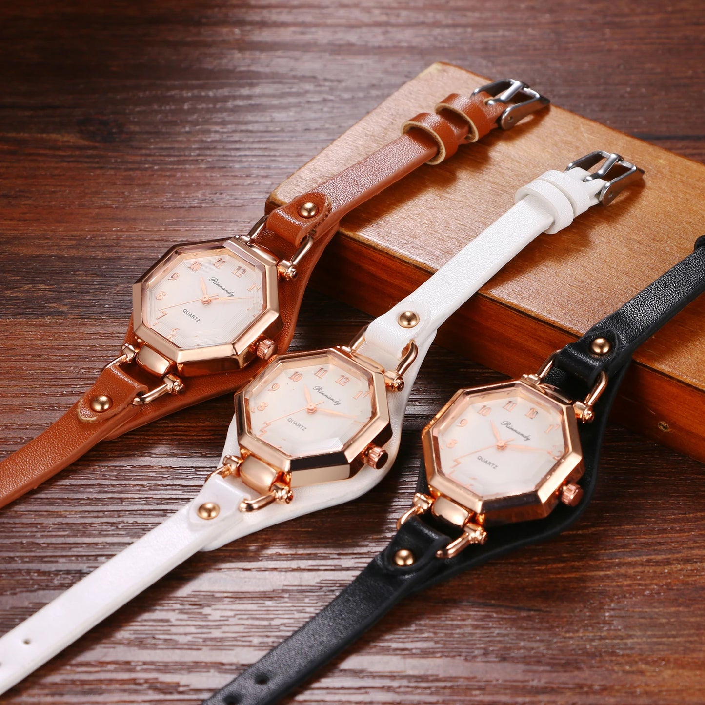 JewelryWe Ctagonal Leather Bracelet For Women Waterproof Analog Quartz Watch