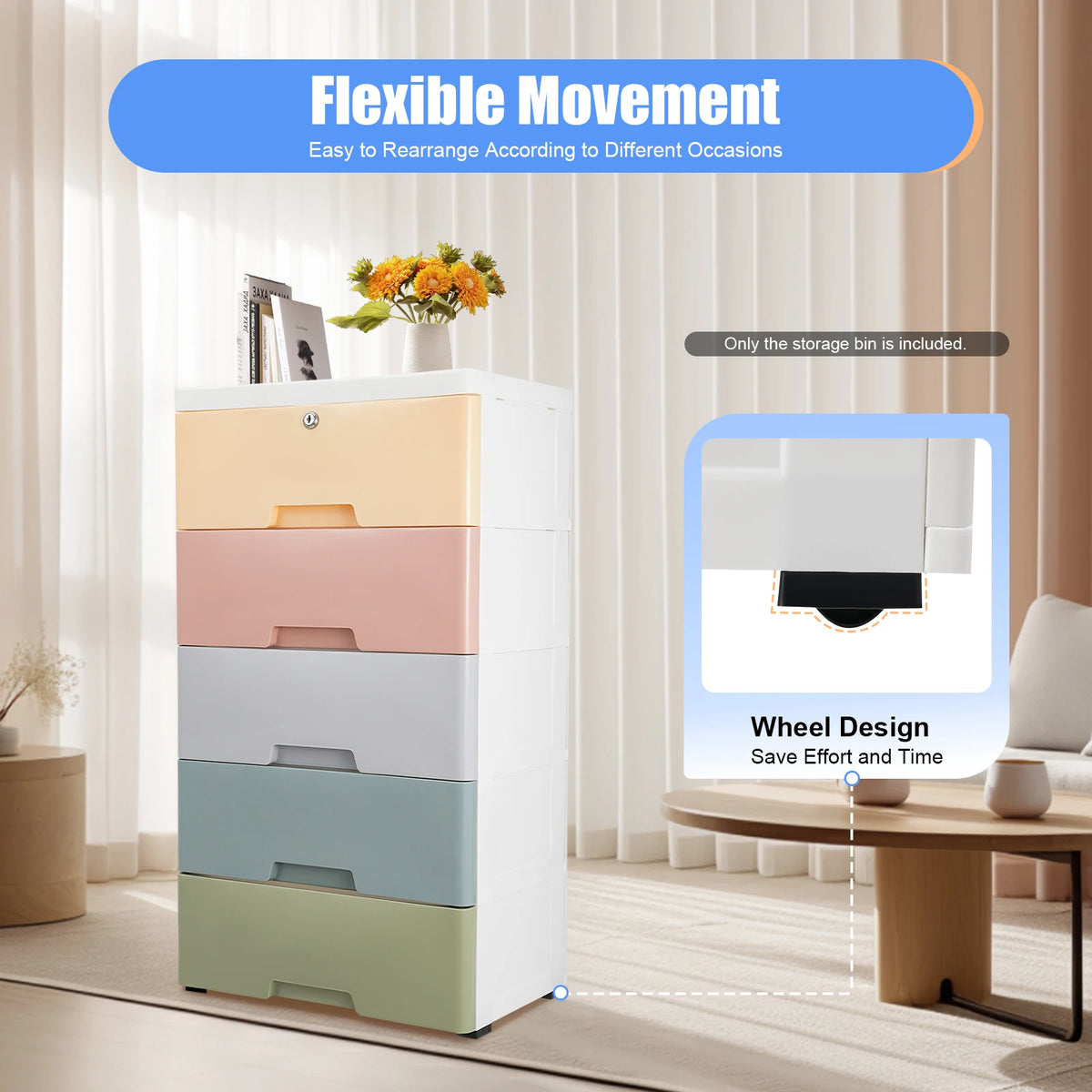 Plastic Drawers Dresser 5 Layer Storage Cabinet Macaron Color Lock Organizer Fully Pull Out Handle Large Capacity Bedroom Living Room Kids Room 43.5x29x80cm